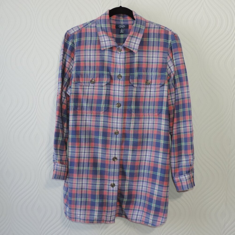 Ralph Lauren CHAPS Women's Denim Blue & Pink Plaid Flannel Long Tunic Shirt sz L